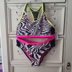Vibrant Girl's Swim Set with Pink and Black Swirl NWT 14